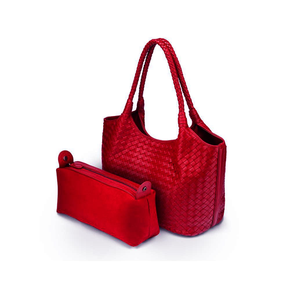 Woven leather shoulder bag, oxblood red with detachable inner bag