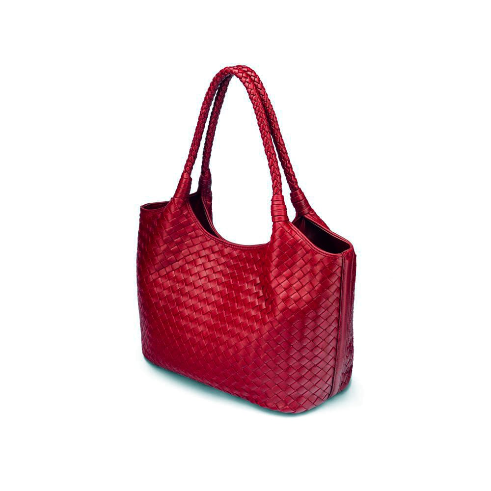 Woven leather shoulder bag, oxblood red, side view