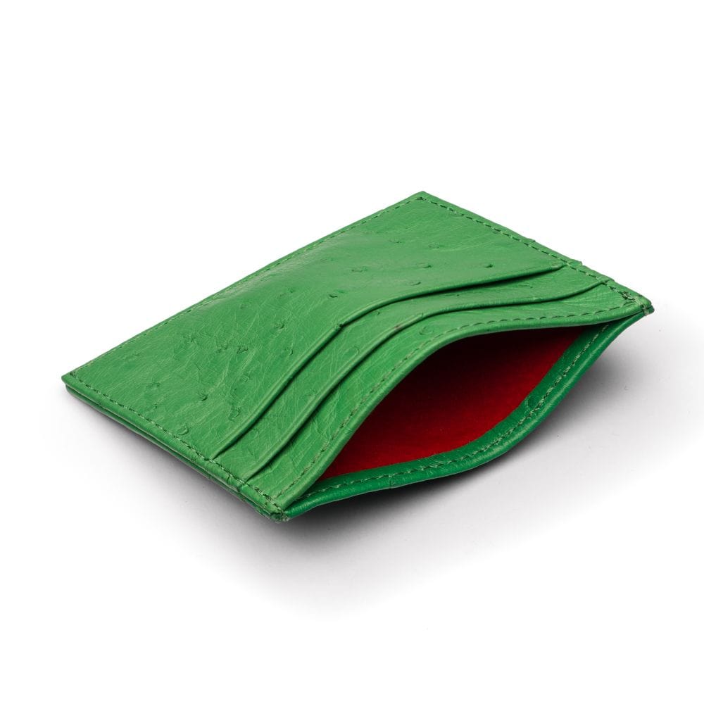 Flat ostrich leather credit card case, emerald green ostrich leather, inside