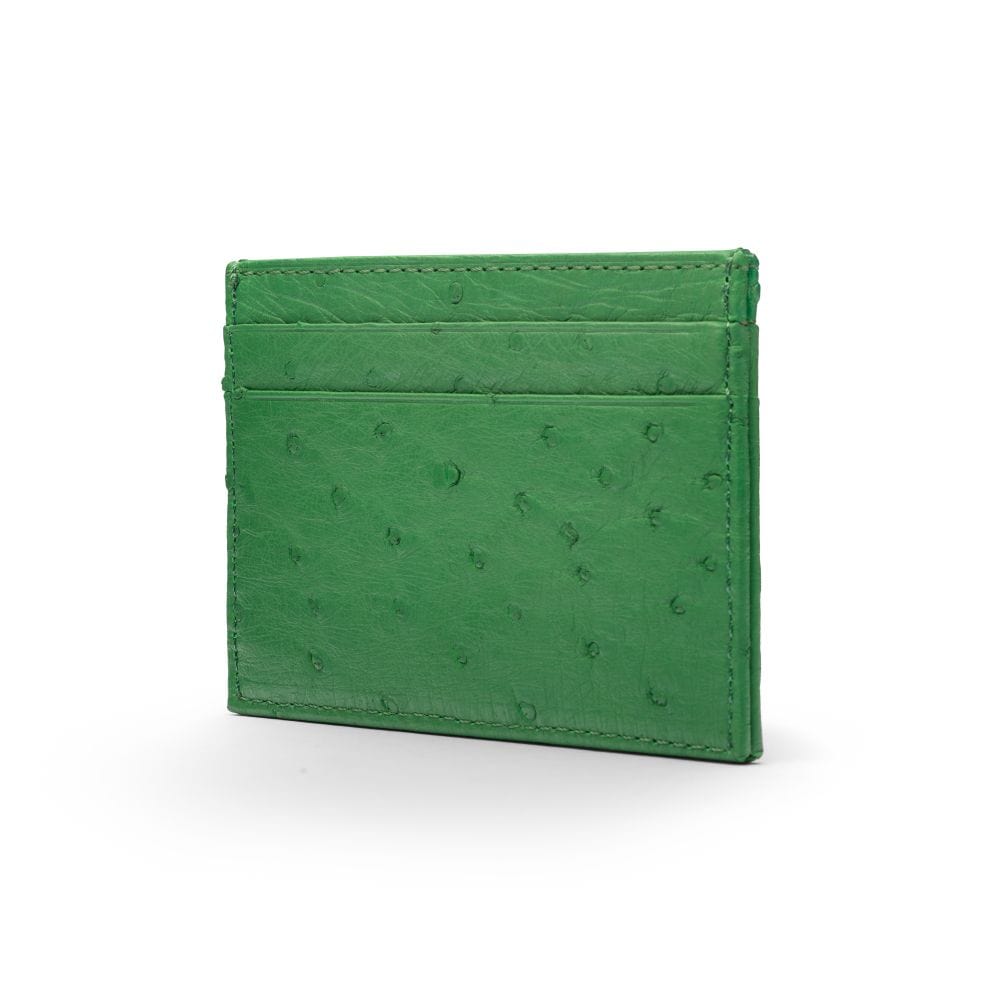 Flat ostrich leather credit card case, emerald green ostrich leather, side
