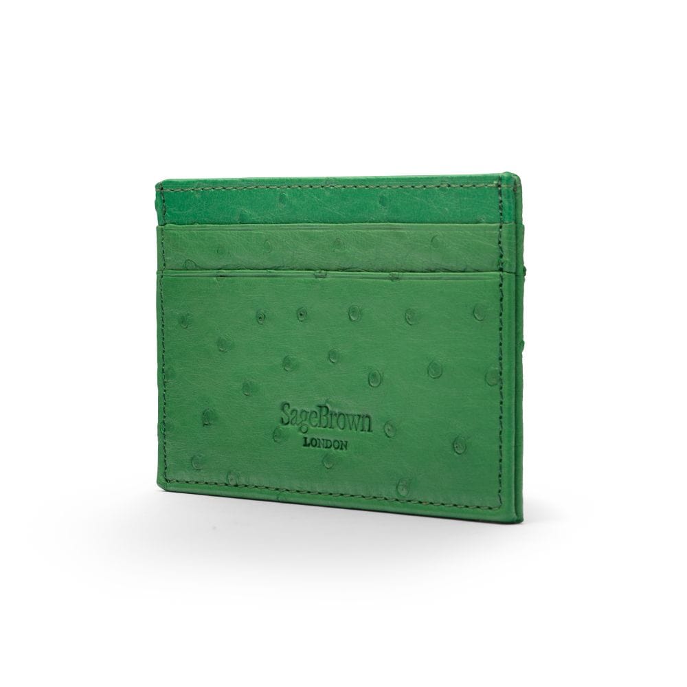 Flat ostrich leather credit card case, emerald green ostrich leather, back