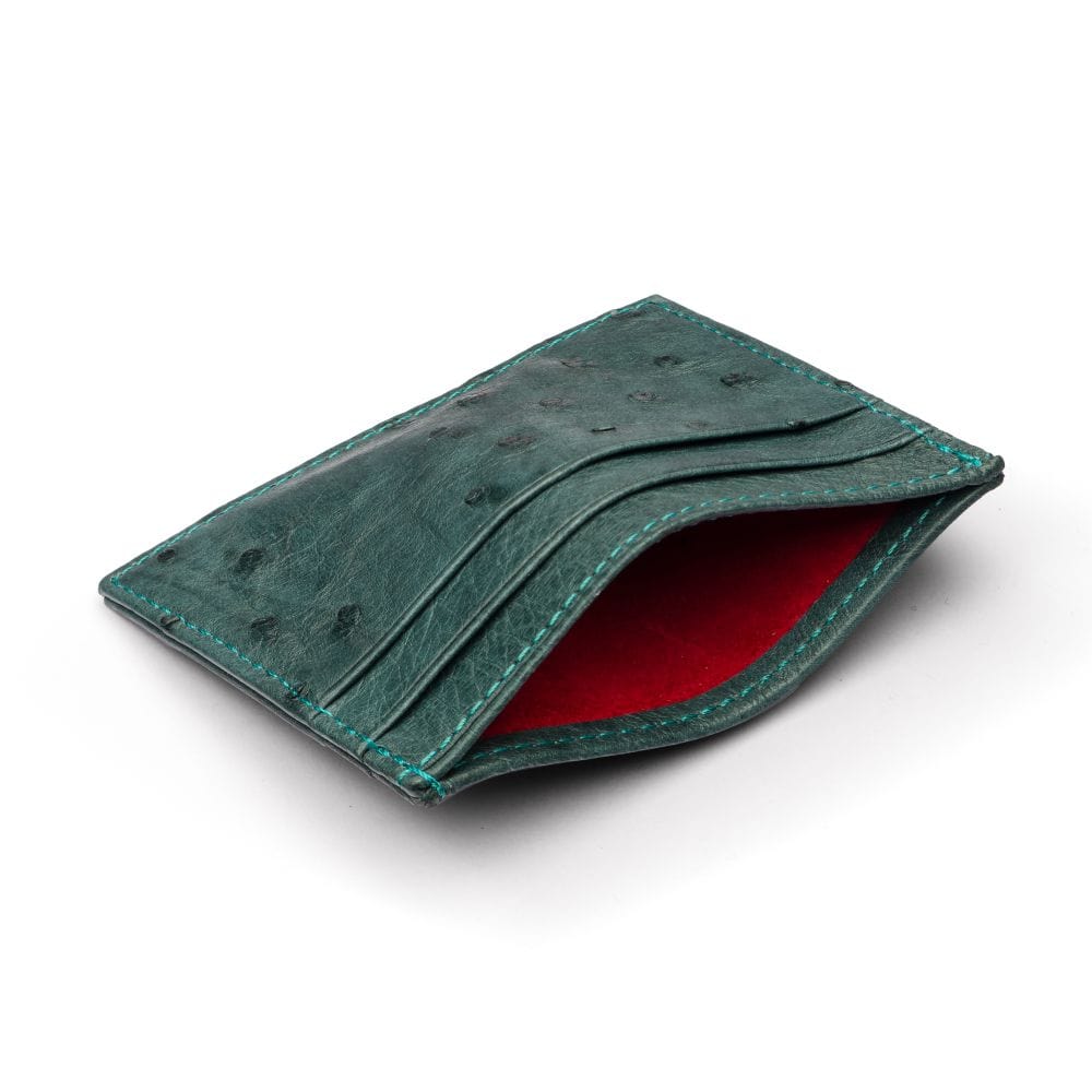 Flat ostrich leather credit card case, petrol green ostrich leather, inside