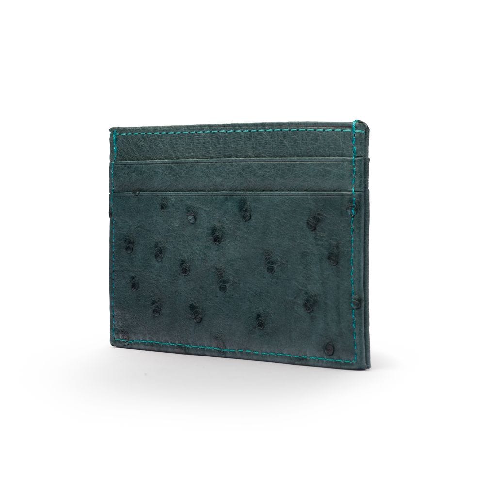 Flat ostrich leather credit card case, petrol green ostrich leather, side