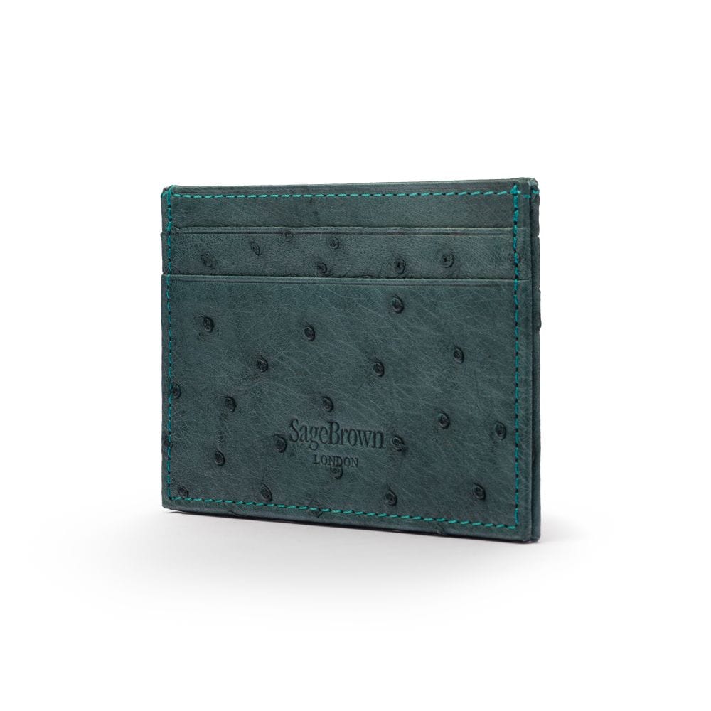 Flat ostrich leather credit card case, petrol green ostrich leather, back