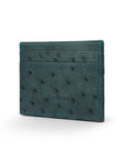 Flat ostrich leather credit card case, petrol green ostrich leather, back