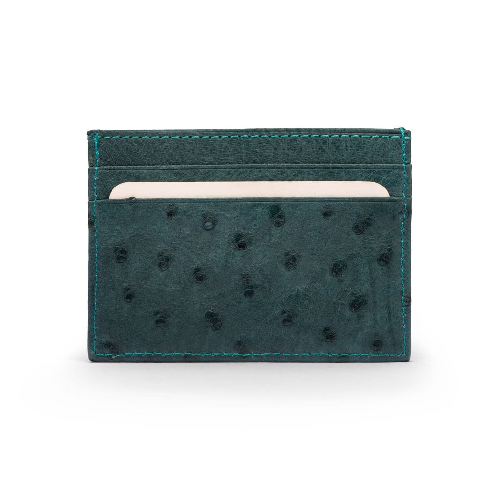 Flat ostrich leather credit card case, petrol green ostrich leather, front
