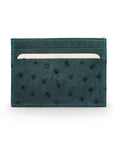 Flat ostrich leather credit card case, petrol green ostrich leather, front