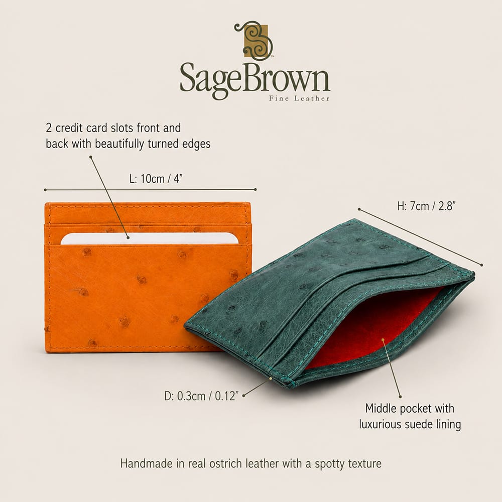 Genuine Ostrich Skin Flat Card Holder With 4 Card Slots, features and dimensions