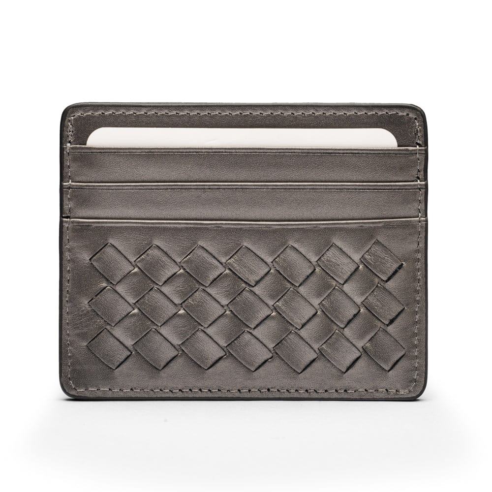 Flat woven leather card holder, pewter, front