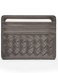 Flat woven leather card holder, pewter, front