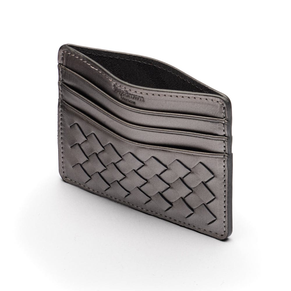Flat woven leather card holder, pewter, open