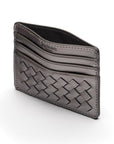 Flat woven leather card holder, pewter, open
