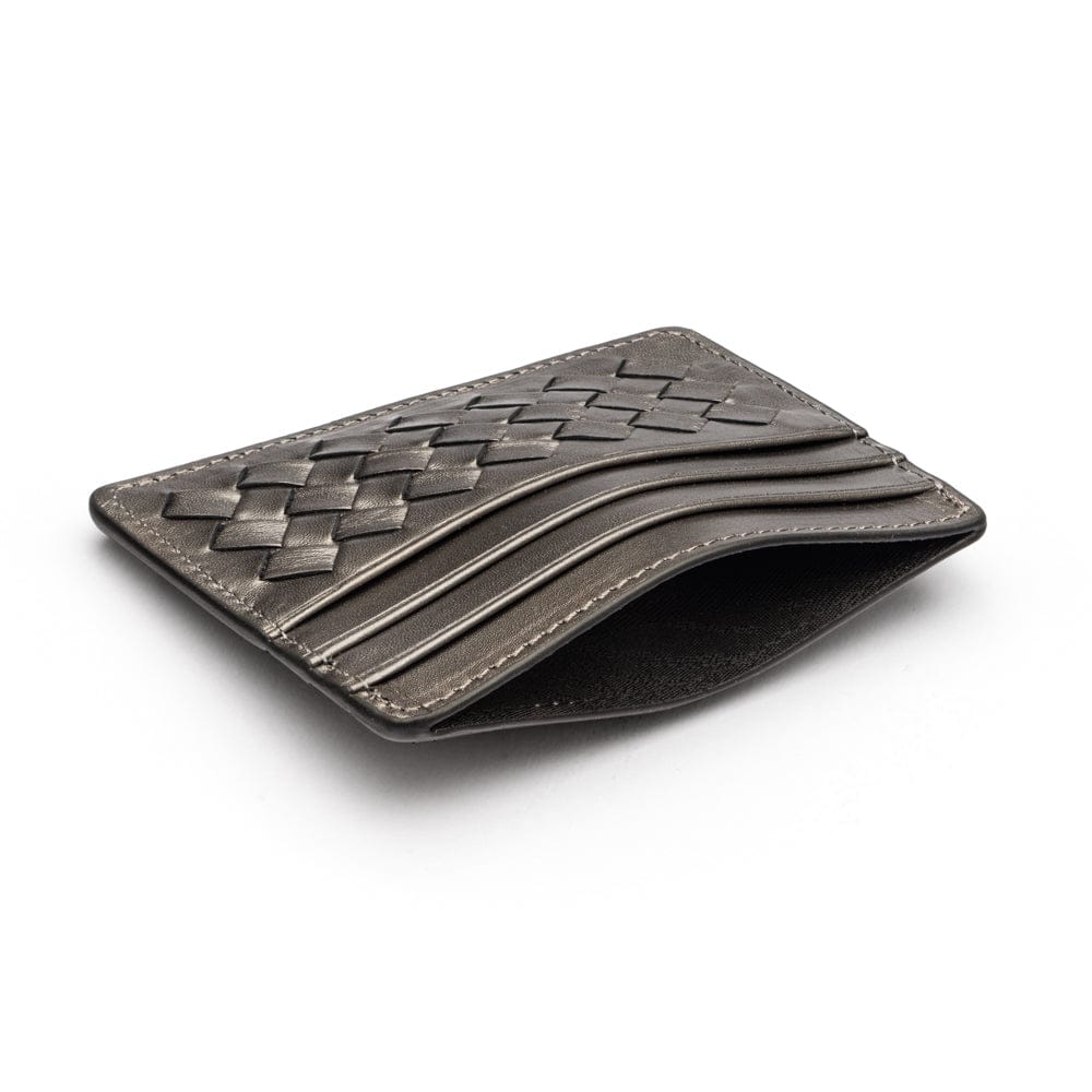 Flat woven leather card holder, pewter, inside