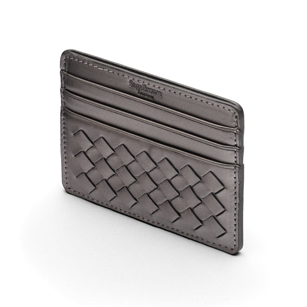 Flat woven leather card holder, pewter, back