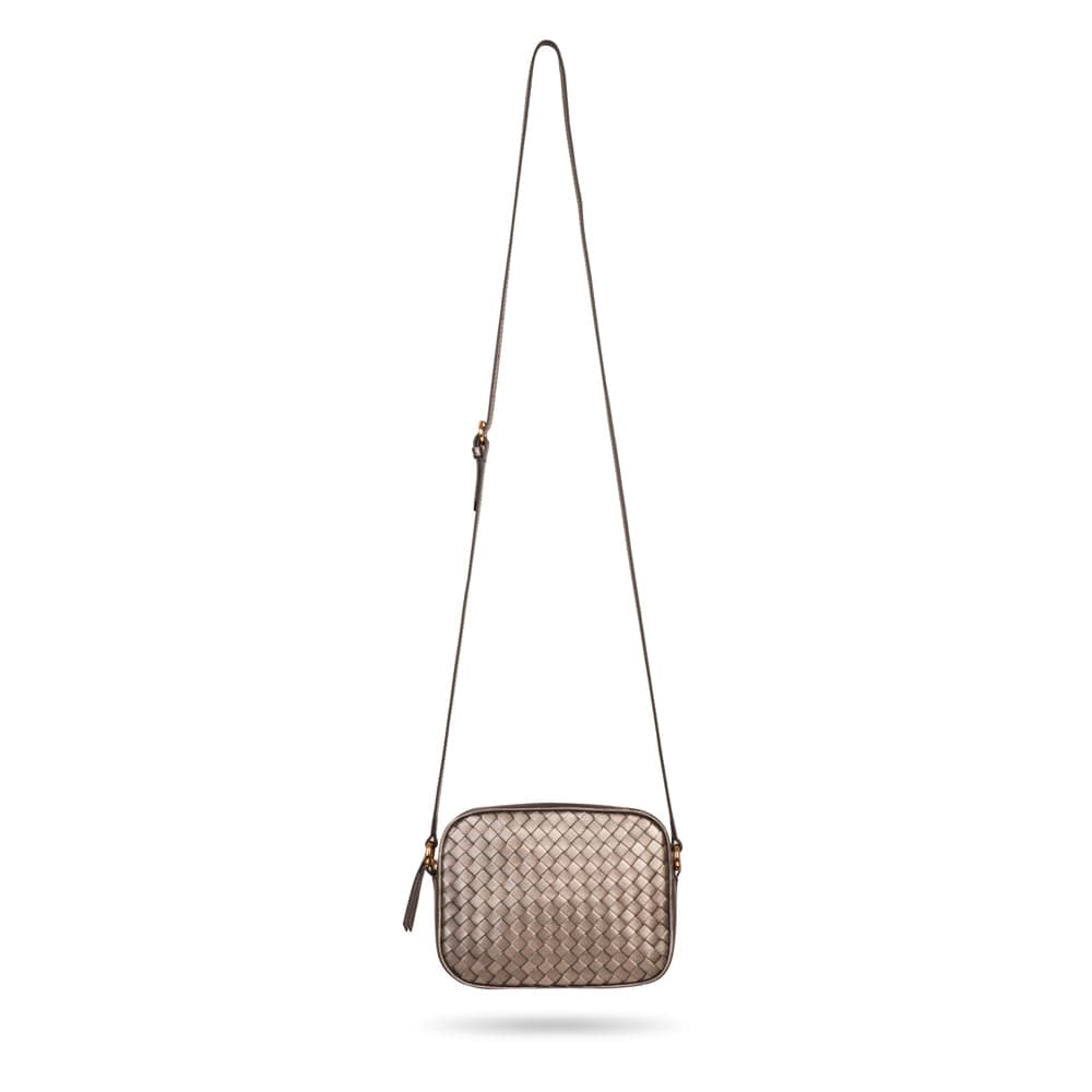 Ivy woven camera bag, pewter, with shoulder strap