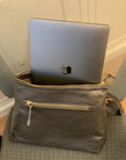 Leather 13" laptop backpack, pewter, lifestyle view