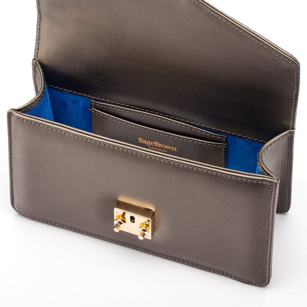 Maya top handle bag, pewter, inside