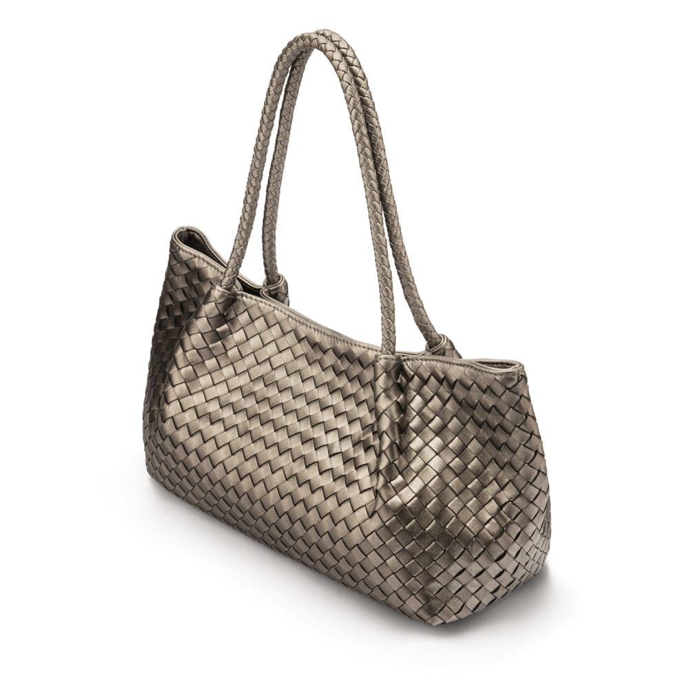 Midi woven leather bag, pewter, side