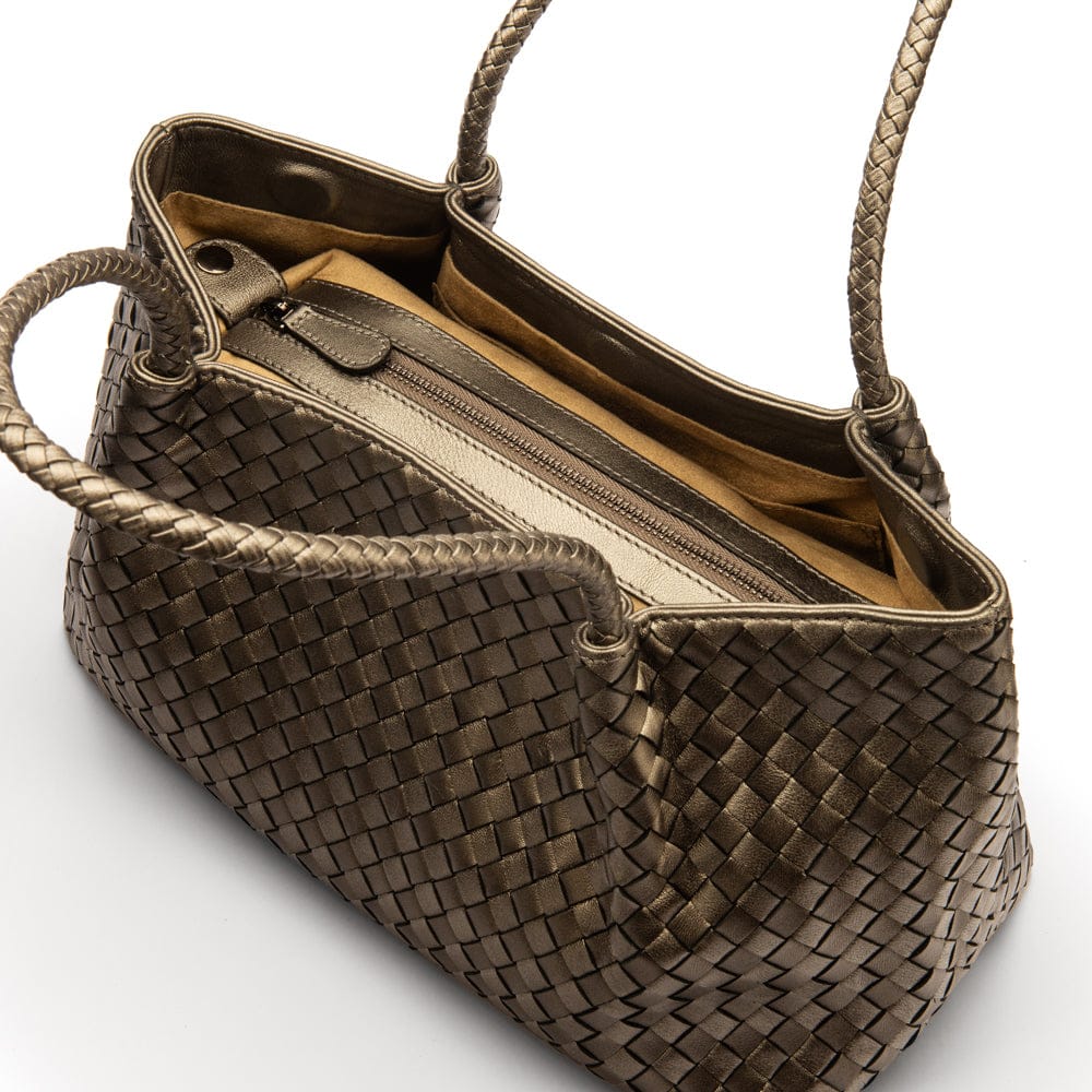 Midi woven leather bag, pewter, inside