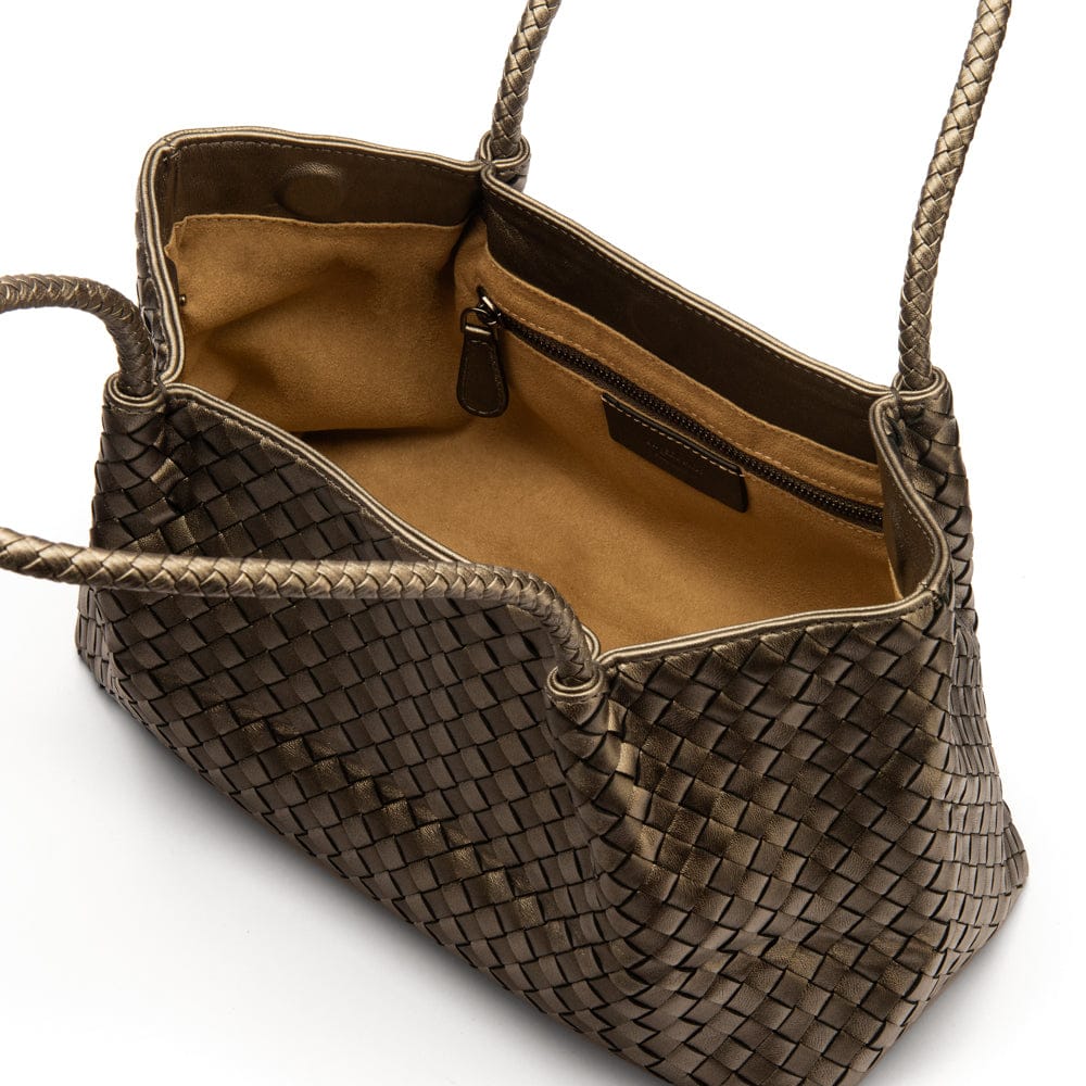 Midi woven leather bag, pewter, open