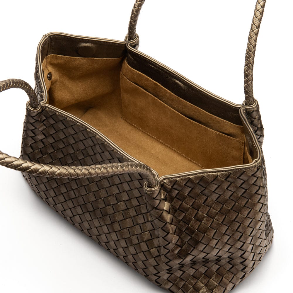 Midi woven leather bag, pewter, open view
