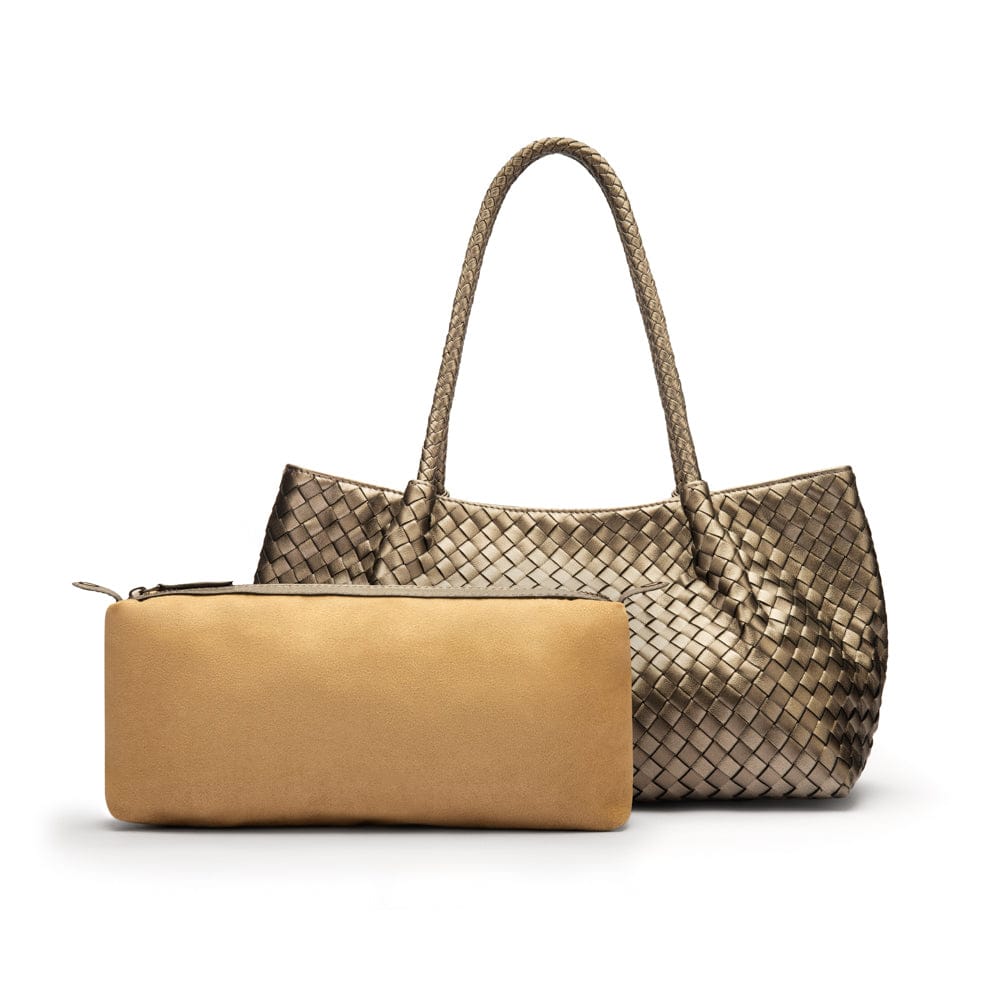 Midi woven leather bag, pewter, inner bag