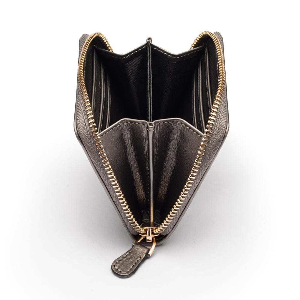 Small zip around woven leather accordion purse, pewter, side