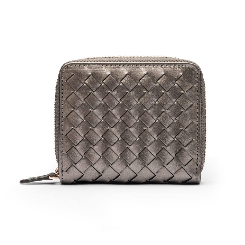 Small zip around woven leather accordion purse, pewter, back