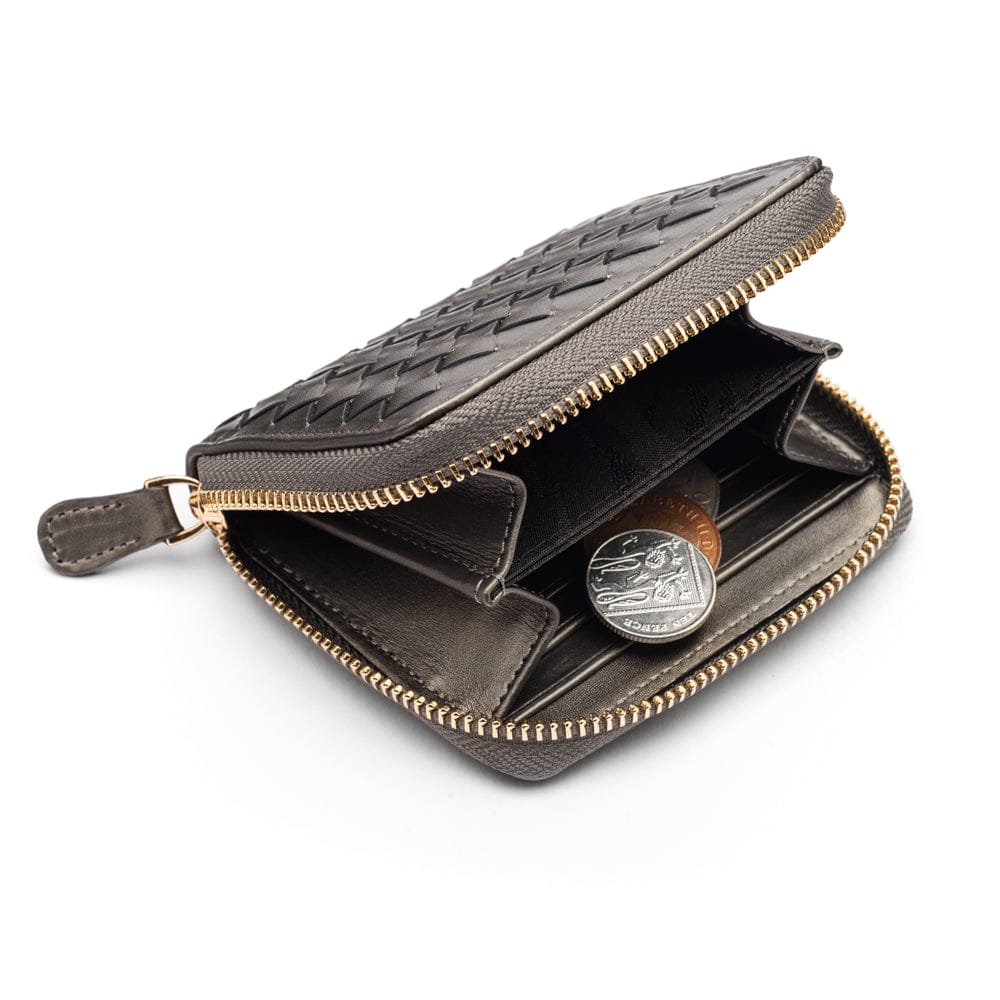 Small zip around woven leather accordion purse, pewter, inside