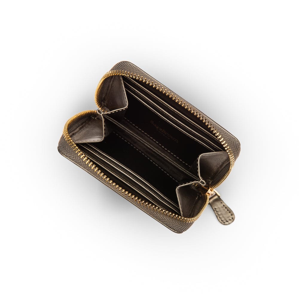 Small zip around woven leather accordion purse, pewter, open