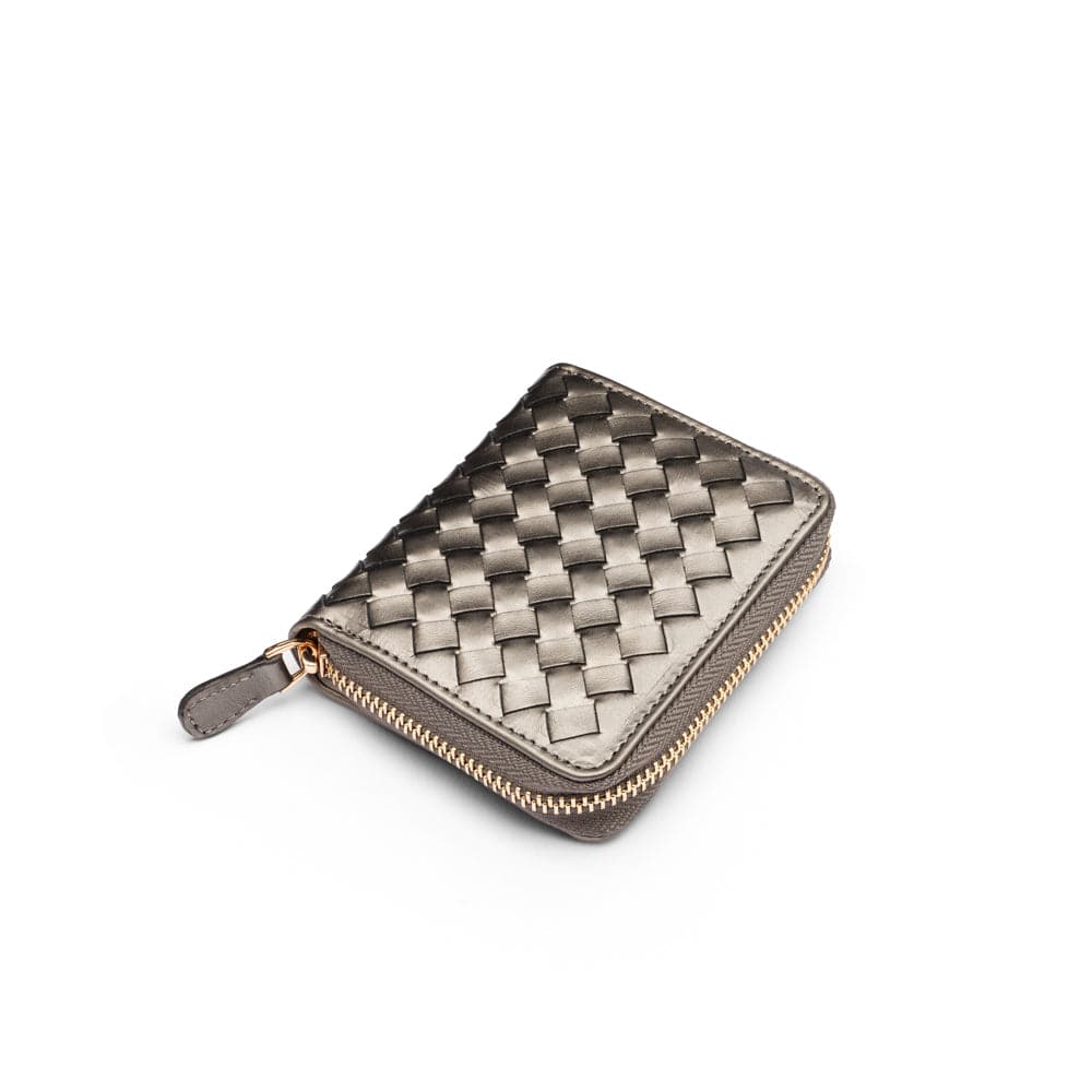 Small zip around woven leather accordion purse, pewter, front