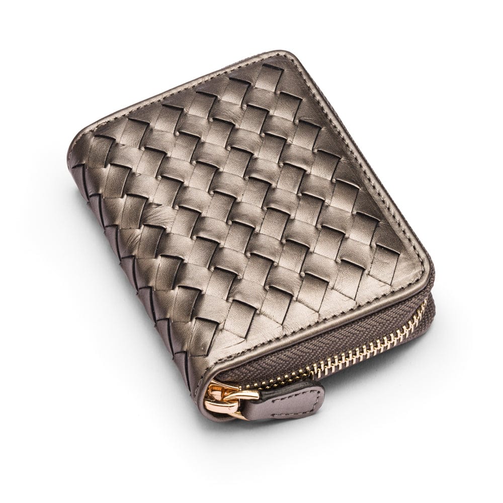 Small zip around woven leather accordion purse, pewter