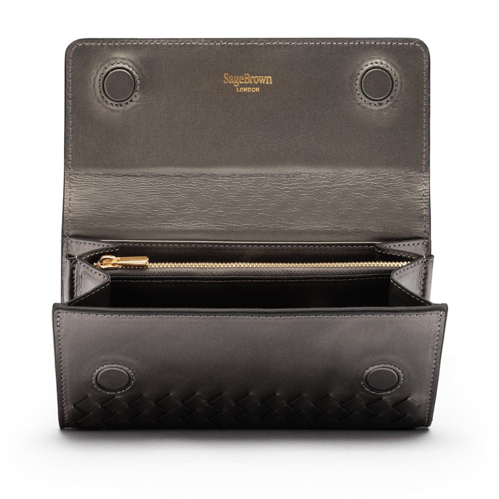 Woven leather concertina purse, pewter, open