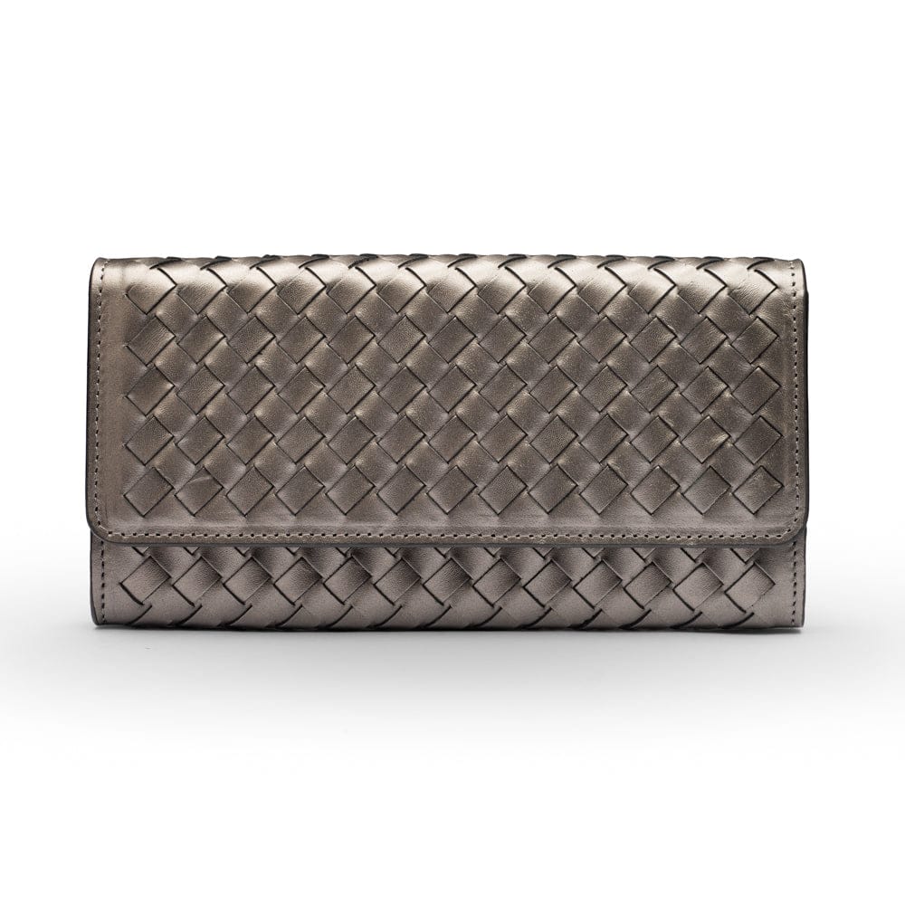 Woven leather concertina purse, pewter, front