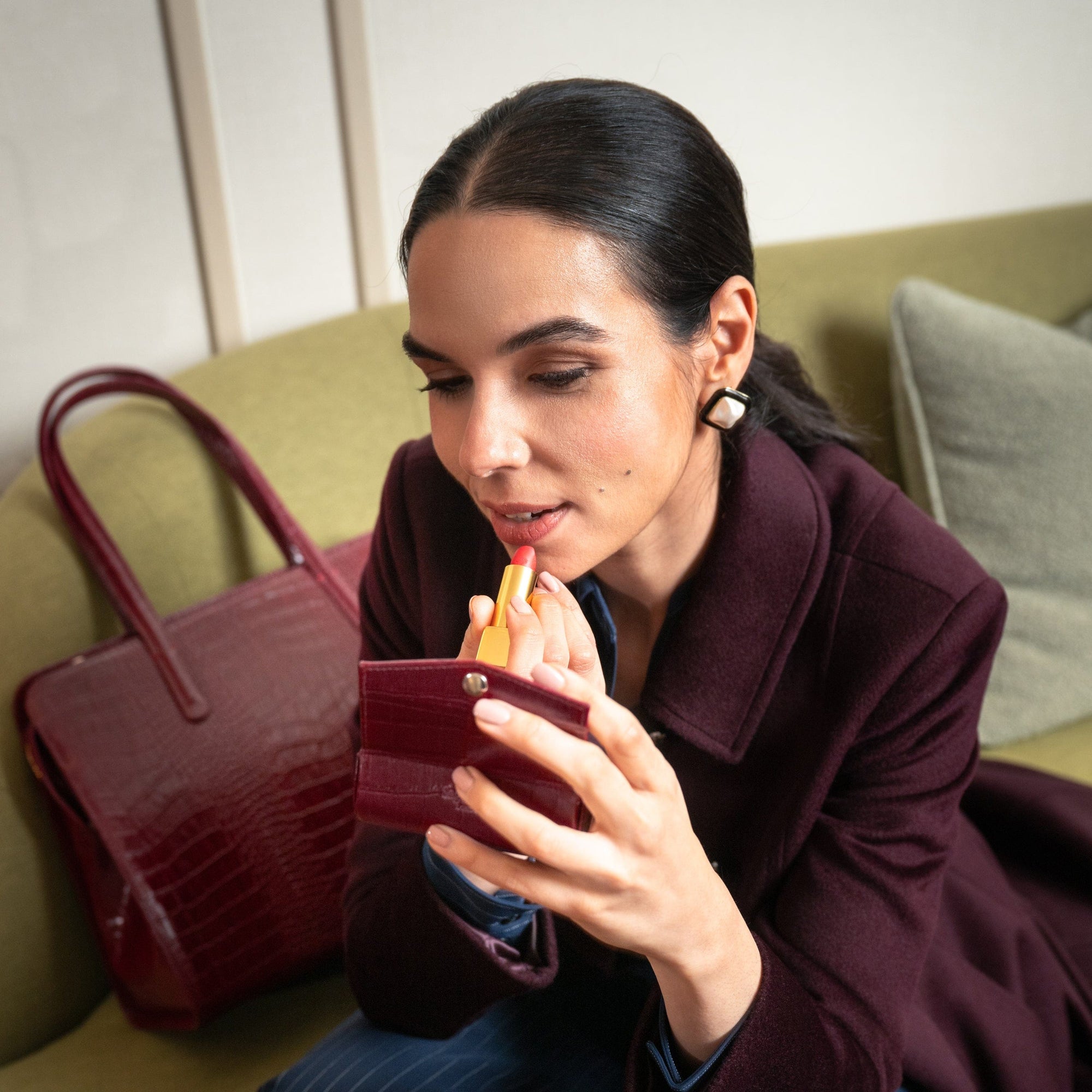 Leather lipstick case, pink croc, lifestyle