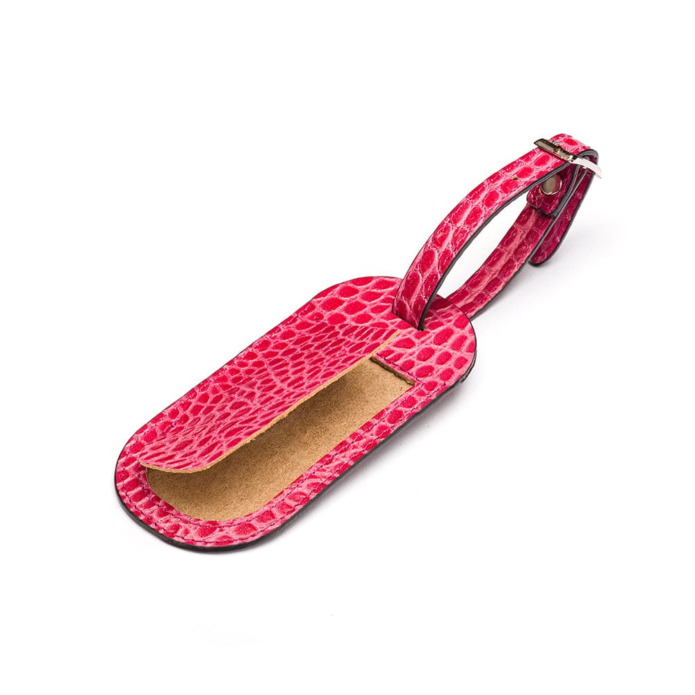 Leather luggage tag, pink croc, front open