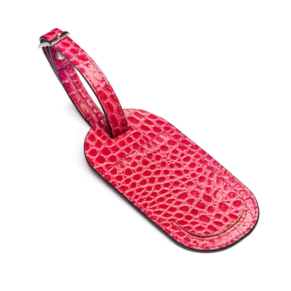 Leather luggage tag, pink croc, front