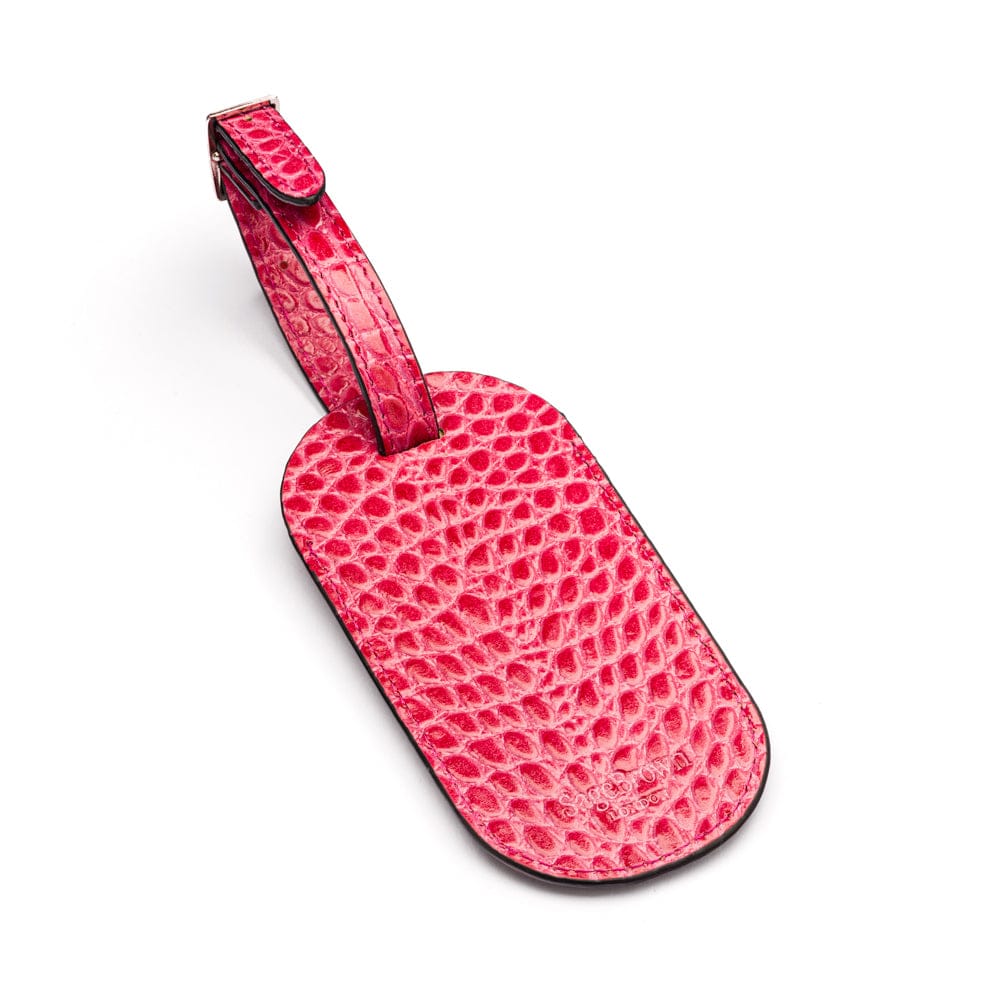 Leather luggage tag, pink croc, back