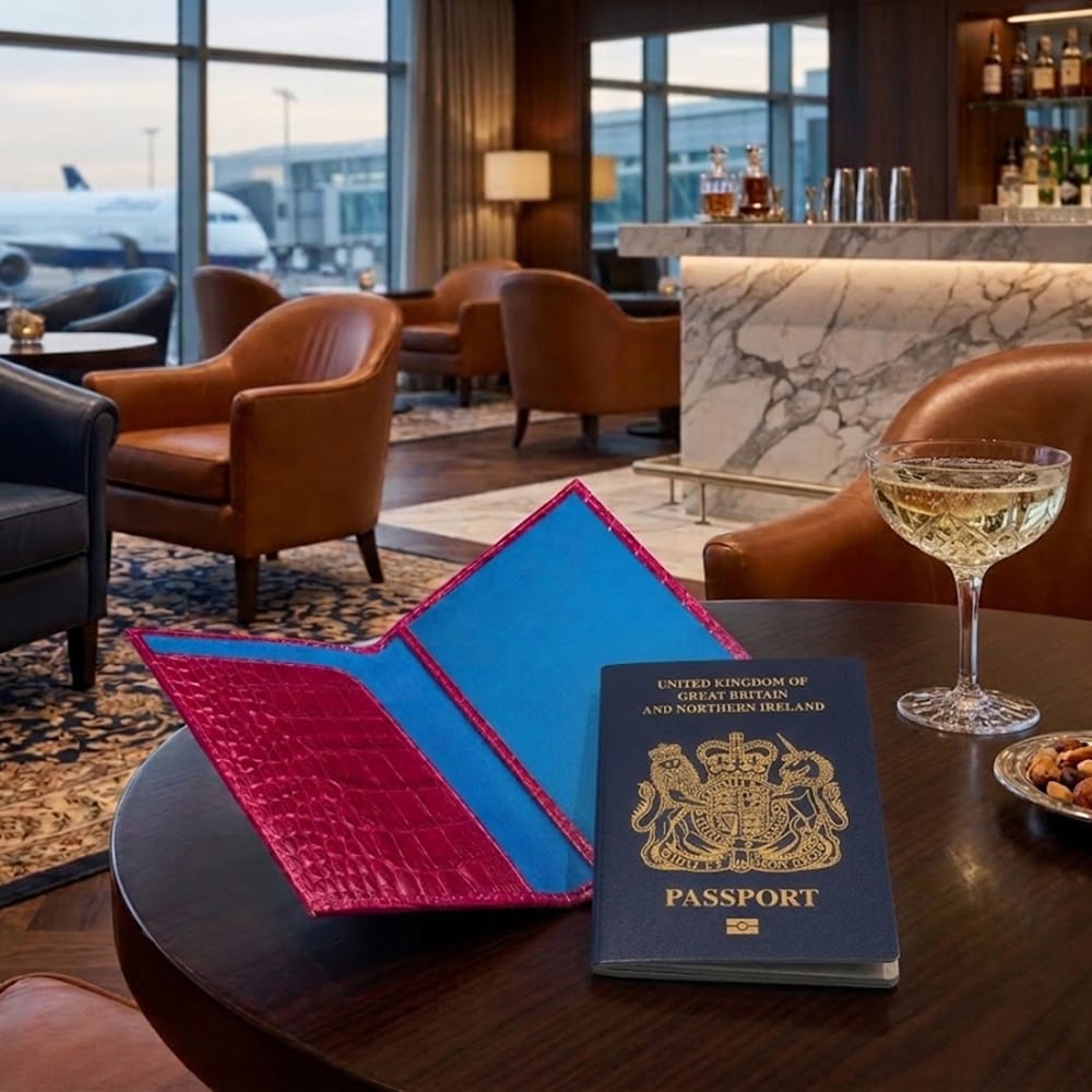 Luxury leather passport cover, pink croc, lifestyle