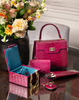 Mini leather Morgan Bag, top handle bag, pink croc, lifestyle