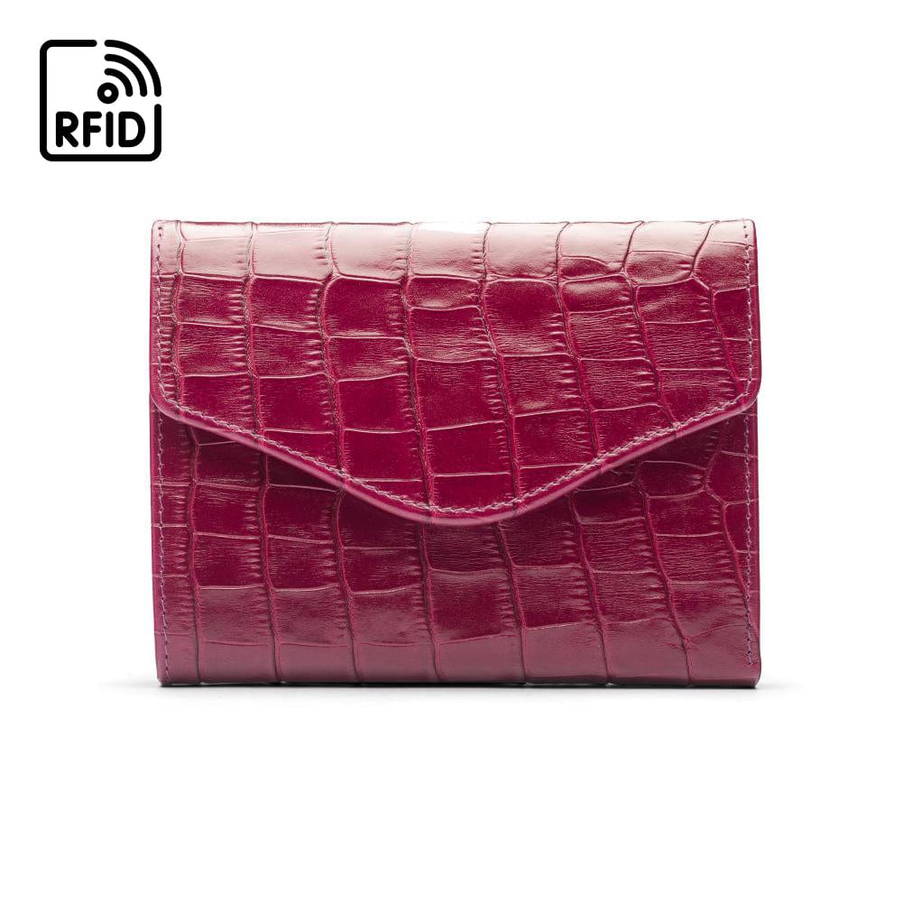 RFID Large leather purse with 15 CC, pink croc, front