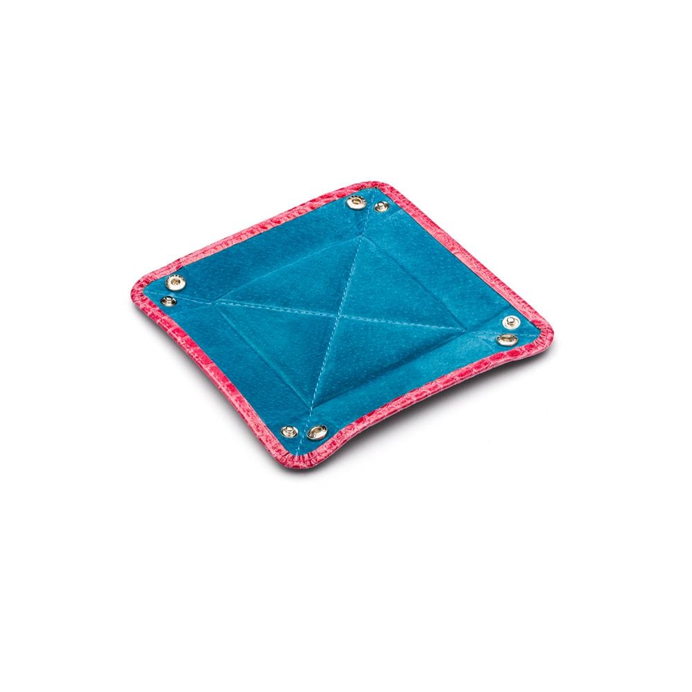 Small leather valet tray, pink croc, flat