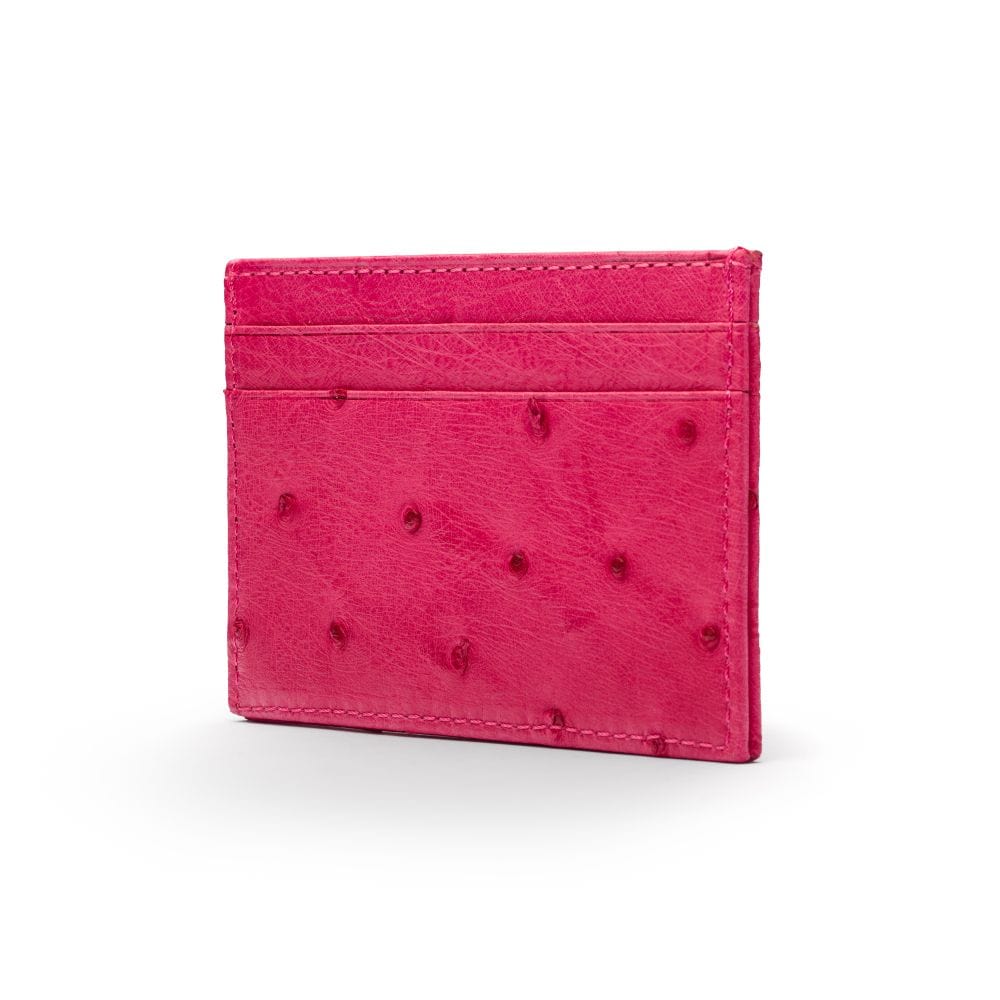 Flat ostrich leather credit card case, pink ostrich leather, side