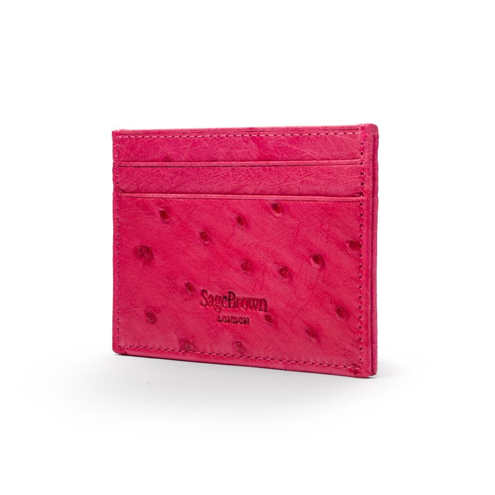 Flat ostrich leather credit card case, pink ostrich leather, back