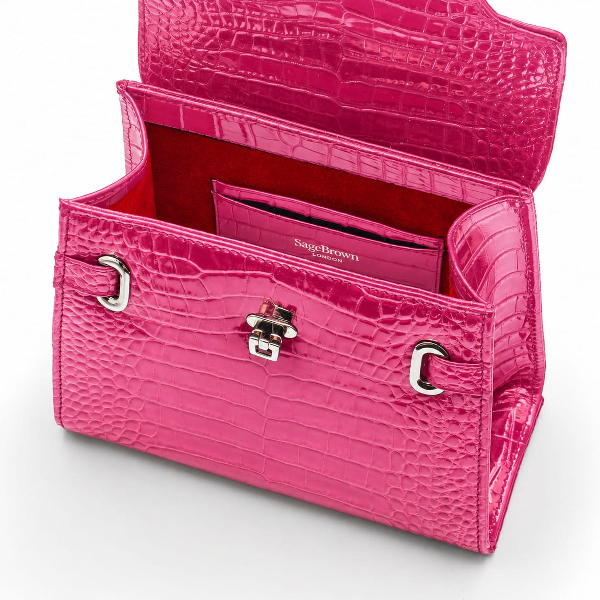 Leather Mini Catherine top handle bag, pink patent croc, inside