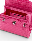 Leather Mini Catherine top handle bag, pink patent croc, inside
