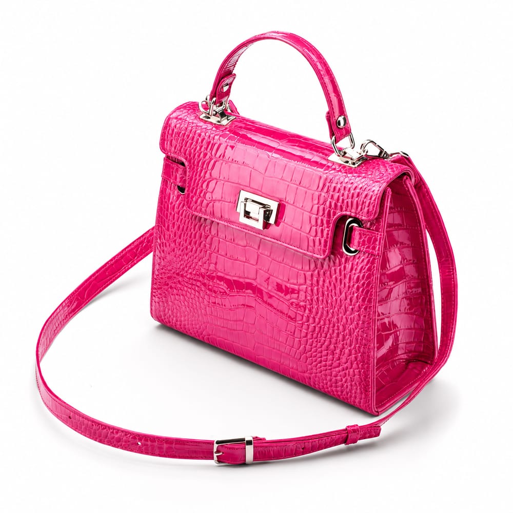 Leather Mini Catherine top handle bag, pink patent croc, side