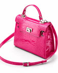 Leather Mini Catherine top handle bag, pink patent croc, side
