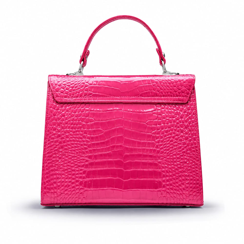 Leather Mini Catherine top handle bag, pink patent croc, back
