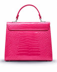 Leather Mini Catherine top handle bag, pink patent croc, back